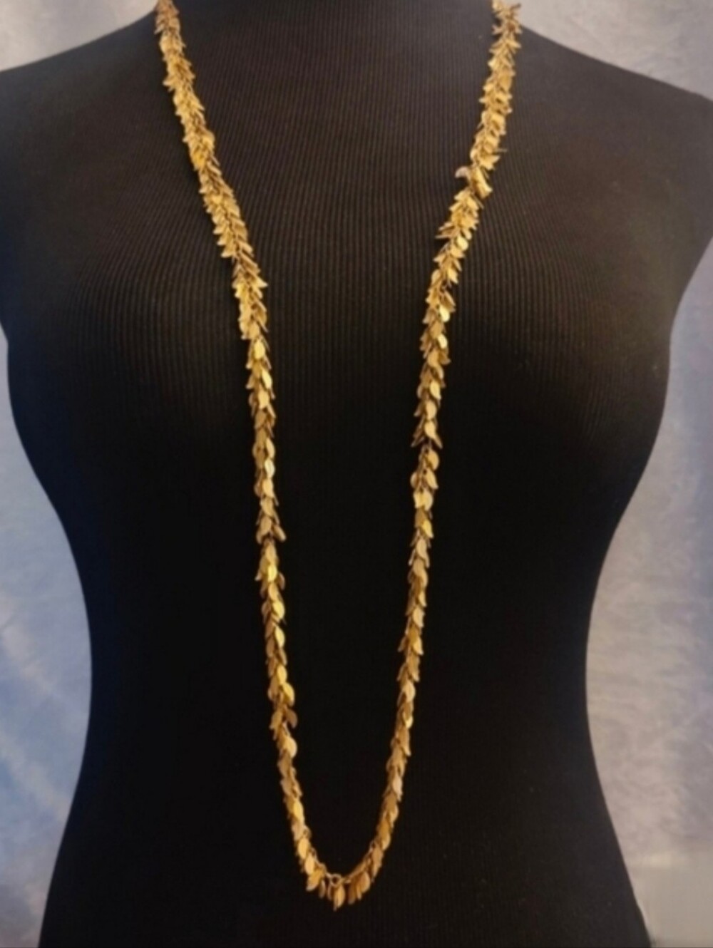 Stefanie Wolf Gold-Tone Leaf Necklace Long 41” Designer Statement Fringe Boho
